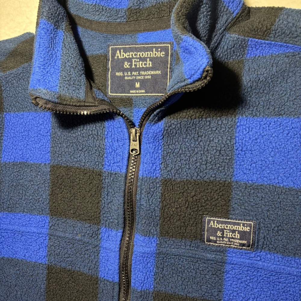 Abercrombie & Fitch Mens Blue Black Buffalo Check Plaid‎ Quarter Zip Fleece M